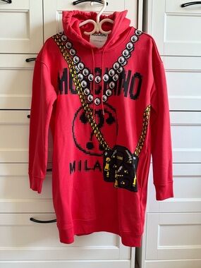 Moschino Red Hooded Graphic Sweater Dress